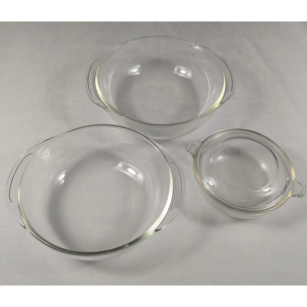 Set of 3 Vintage‎ Pyrex Clear Glass Round Casserole Dish